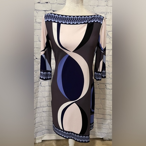 DONNA MORGAN SZ 8 Pretty Violets-Purple-Brown Boat Neck Tunic 1 Layer Dress - Picture 1 of 5